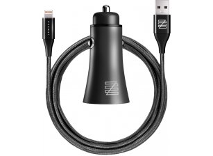 Автомобильное зарядное устройство Lenzza Razzo, 2 USB 5В, 2,1А + кабель Lightning на USB, Black