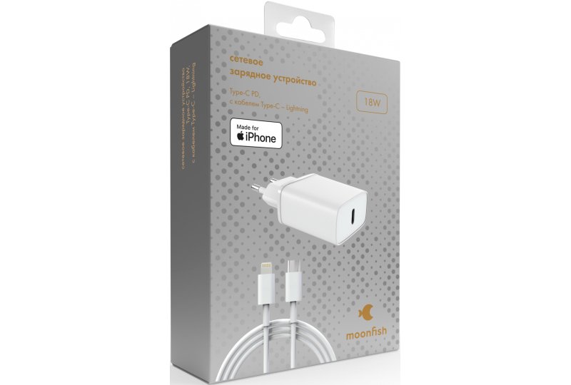 Сетевое зарядное устройство moonfish USB-C, 18 Вт, PD + кабель USB Type-C\Lightning, White Сетевое зарядное устройство moonfish USB-C, 18 Вт, PD + кабель USB Type-C\Lightning, White