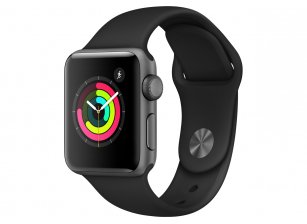 Apple Watch Series 3, 38 мм, корпус из алюминия цвета «Space Gray», спортивный ремешок чёрного цвета