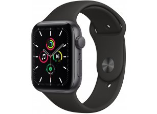 Apple Watch SE, 44 мм, корпус из алюминия цвета «Space Gray», спортивный ремешок чёрного цвета