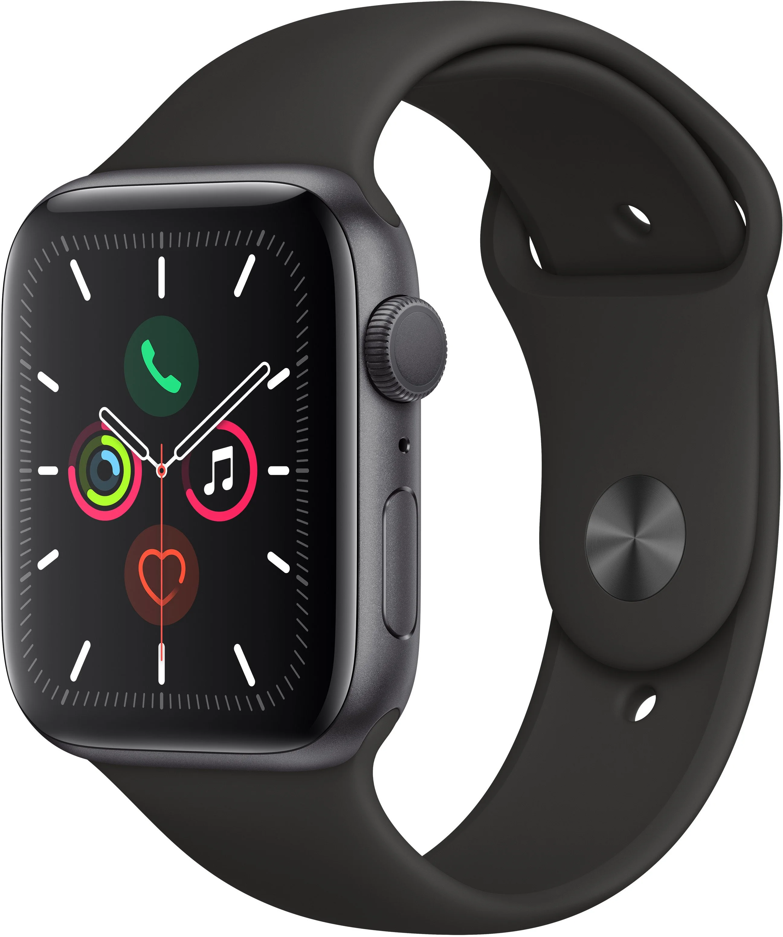 Купить Apple Watch Series 5, 44 мм, корпус из алюминия цвета «Space Gray»,  спортивный браслет чёрного цвета в Москве по лучшей цене!