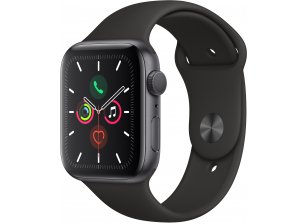 Apple Watch Series 5, 44 мм, корпус из алюминия цвета «Space Gray», спортивный браслет чёрного цвета