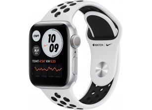 Apple Watch Nike Series 6, 40 мм, корпус из алюминия серебристого цвета, спортивный ремешок Nike цвета «чистая платина/чёрный»